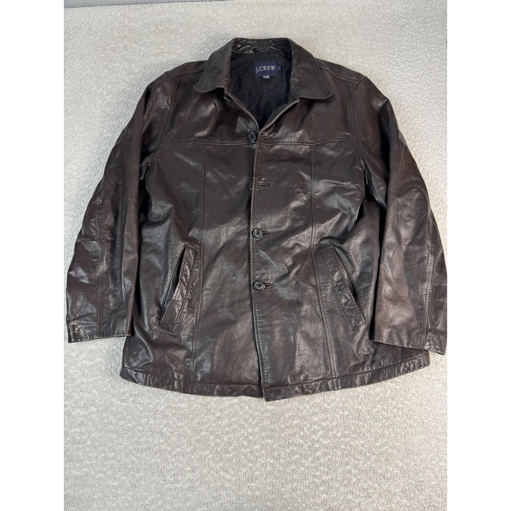J.Crew Coat Mens Medium Brown Leather Wool‎ Lined Button Overcoat Jacket